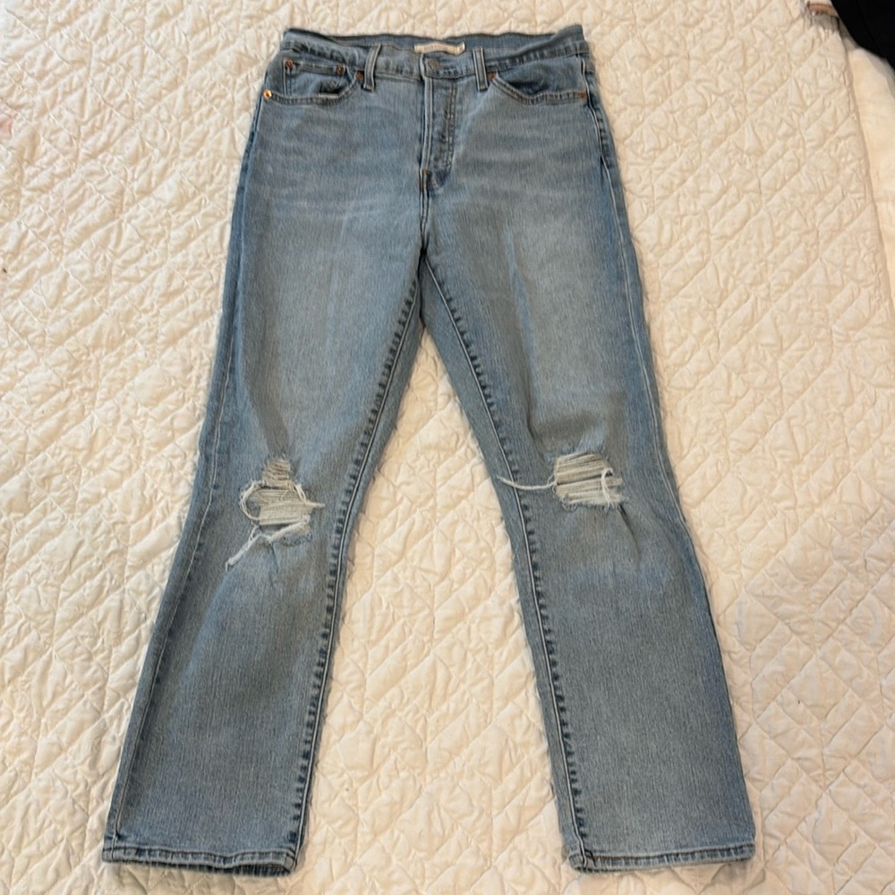 Levi's Blue Straight Leg Jeans with Distressed Details